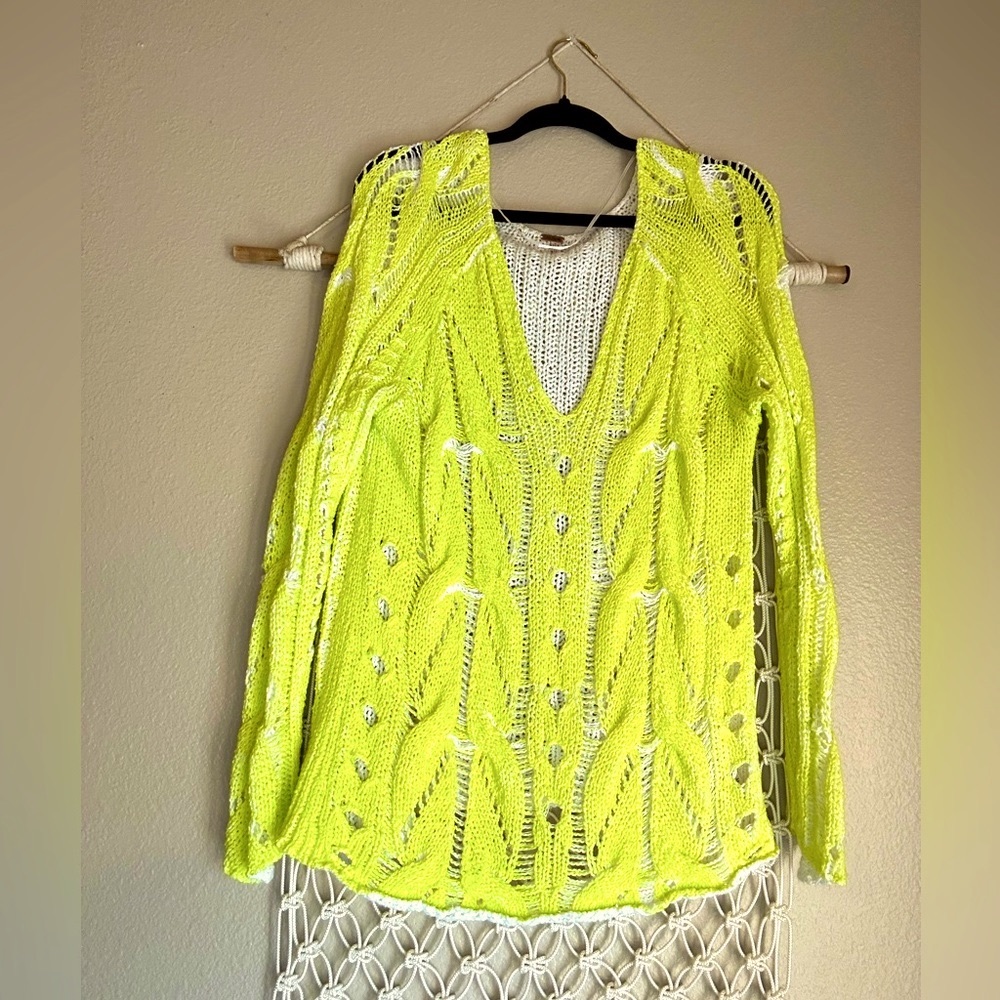 Free People Sunshine Crochet Cable Knit Sweater Highlighter Yellow